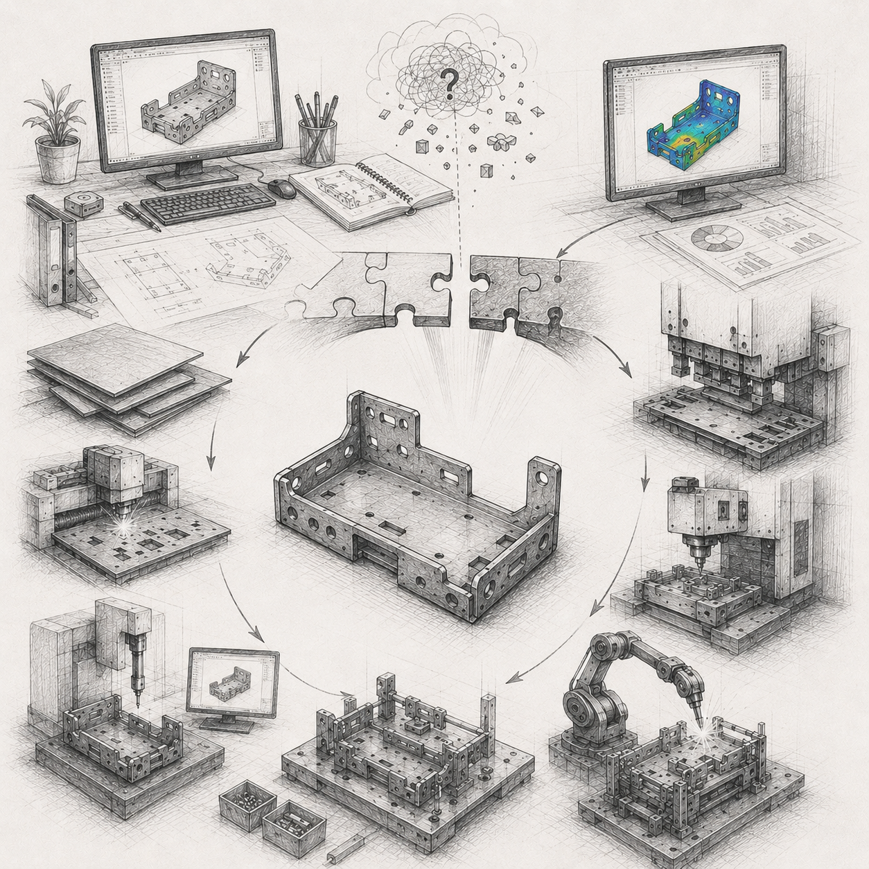 Manufacturing workflow: from CAD design through DFM checks, laser cutting, forming, machining, to robotic assembly